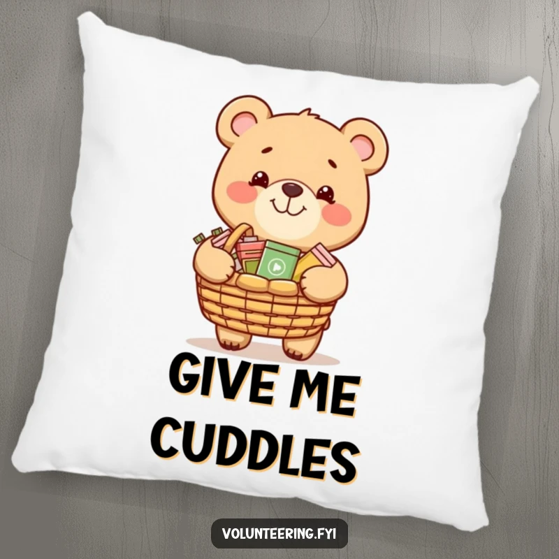 Funny pillow showcasing a grinning bear carrying a basket of donated items, bringing comfort and charitable vibes.