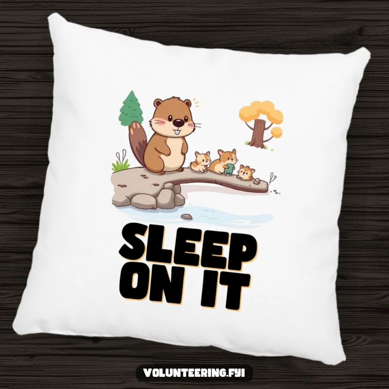 Funny beaver pillow, a diligent beaver guiding small animals across a bridge, a soft and humorous decor item.