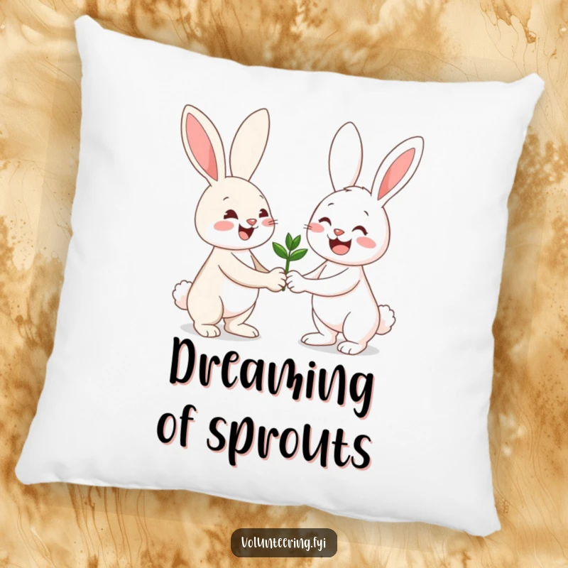Funny pillow with a happy bunny giving a seedling to a friend, perfect for adding a touch of nature.
