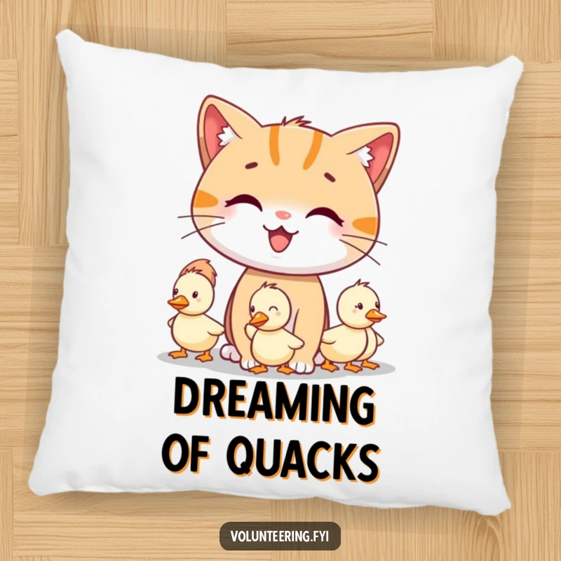 Funny smiling cat character guiding lost little ducklings on a soft pillow, ideal funny gift.