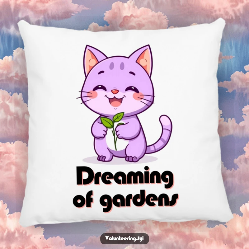 Funny pillow featuring a playful purple cat smiling and offering a seedling, providing comfort and a splash of nature's humor.