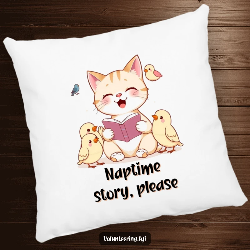 Funny pillow featuring a cheerful cat reading a book to attentive birds, offering comfort and a touch of literary charm.