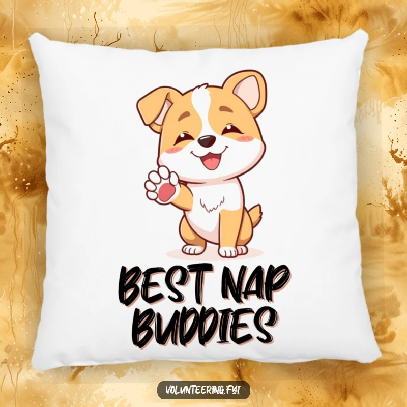 Funny joyful dog character offering a friendly paw to another dog on a soft pillow, ideal funny gift.