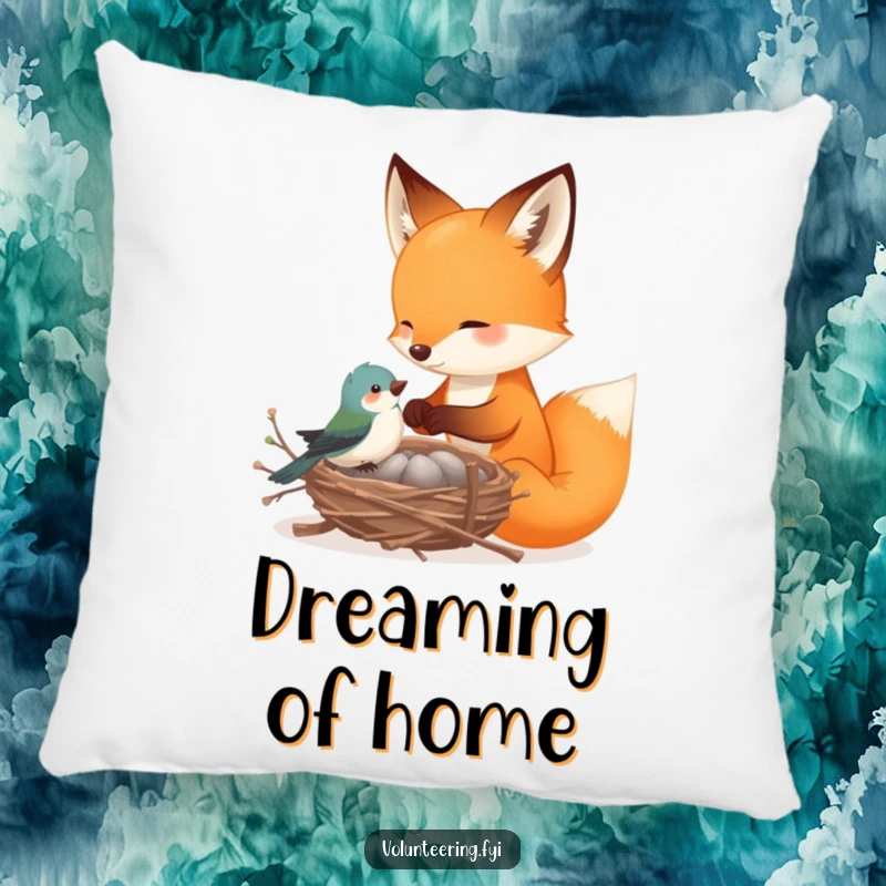 Funny fox pillow, a playful fox helping a tiny bird build a nest with delicate twigs, offering comfort and charming woodland friendship.
