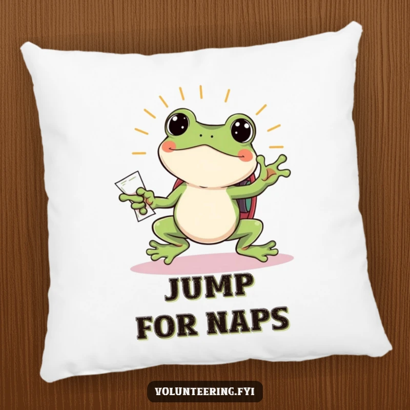 Funny frog pillow, a jumping frog with a backpack handing out flyers, a soft and humorous decor item.