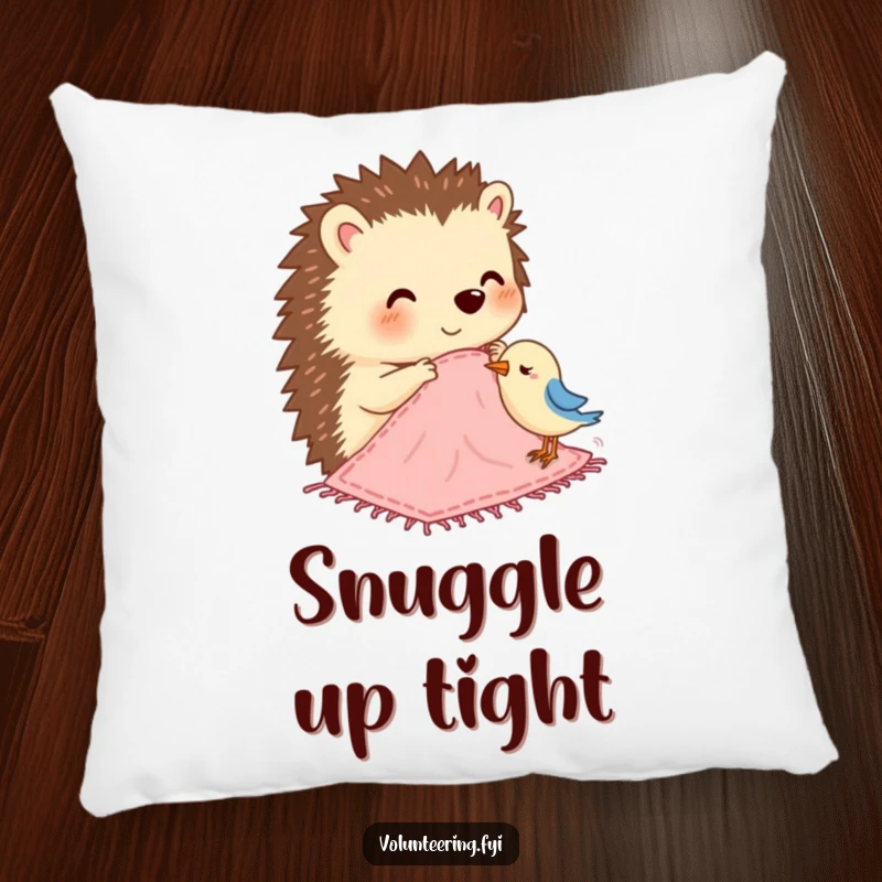 Funny pillow showing a happy hedgehog stitching a small blanket for a bird, designed for comfort and cuteness.