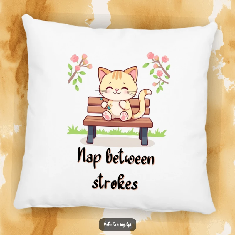 Funny pillow featuring a Kawaii cat character painting colorful stripes on a park bench, soft and artistic, a great funny gift.