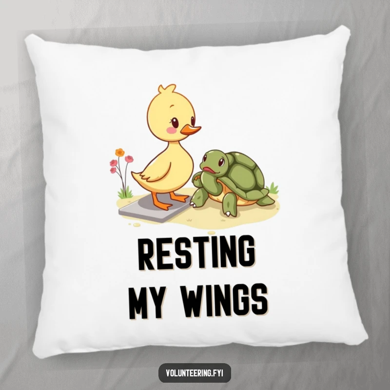 Funny kawaii duckling pillow, depicting a cute duckling assisting a turtle across a path, adding warmth and charm to any room.