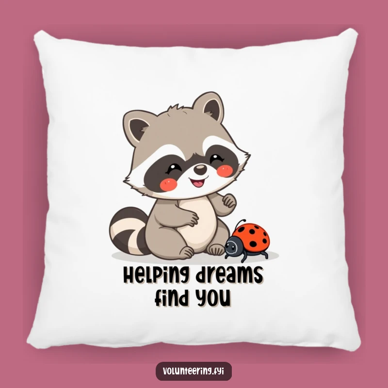 Funny Kawaii Raccoon Ladybug Pillow, Cozy Kindness, Relaxing Gift