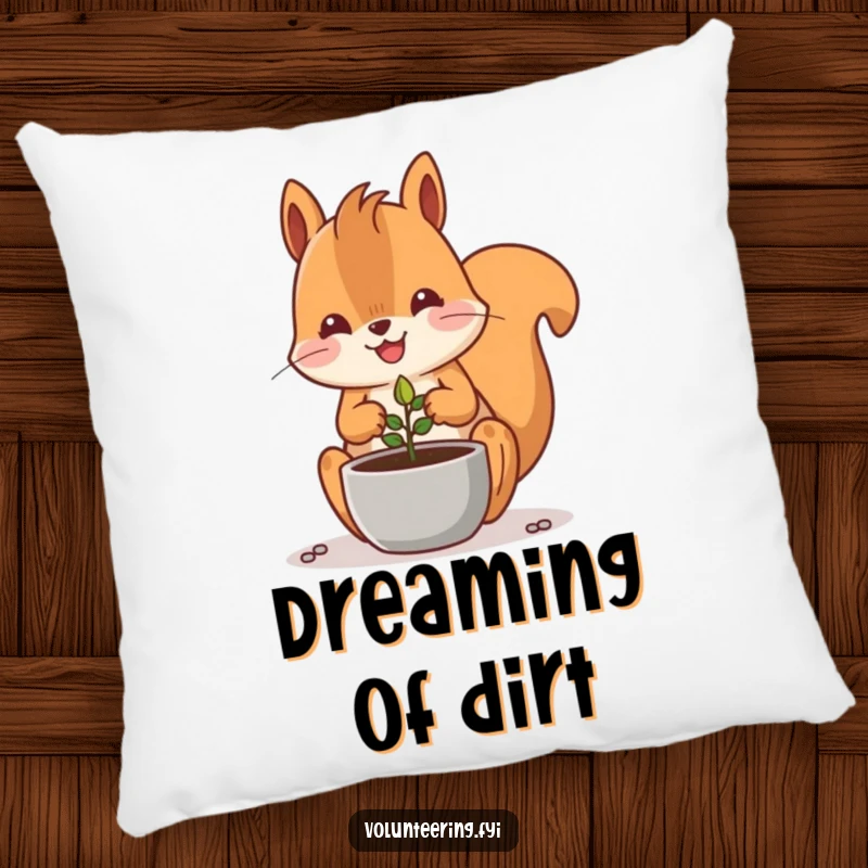 Funny Kawaii squirrel planting a seed in a pot, plush pillow, cute gardening decor.
