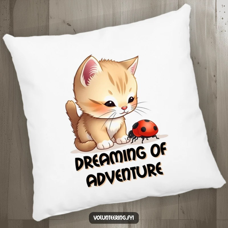 Funny Kitten Ladybug Pillow featuring a curious kitten helping a lost ladybug, providing comfort and a heartwarming reminder of kindness.