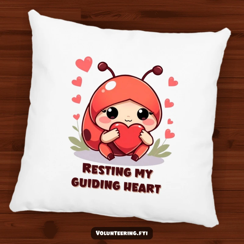 Funny pillow featuring a helpful red ladybug with a large heart guiding, offering comfort and a splash of heartwarming humor.