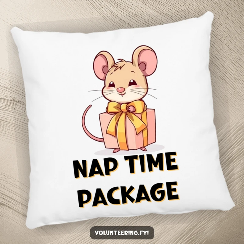 Funny throw pillow with a determined mouse tying a ribbon around a gift, providing humorous comfort and meticulous charm.