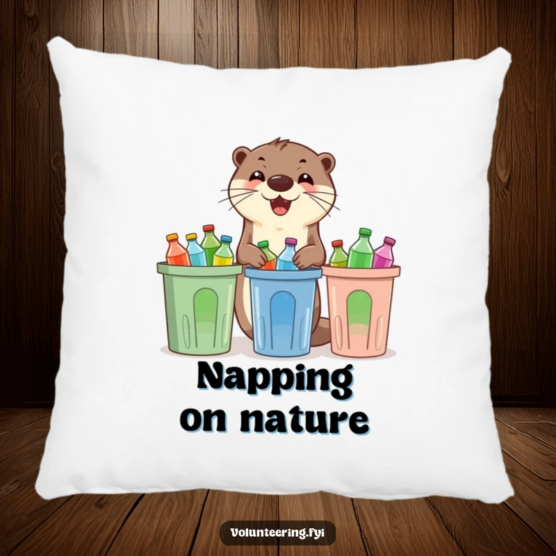 Funny otter pillow, an enthusiastic otter sorting plastic bottles into recycling bins, adding comfort and eco-inspiration to any room.