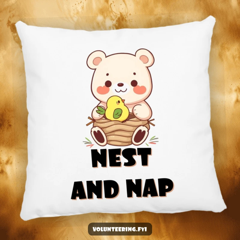 Funny Pillow: A large, kind bear helps a little bird construct a nest, creating a scene of adorable mutual aid.
