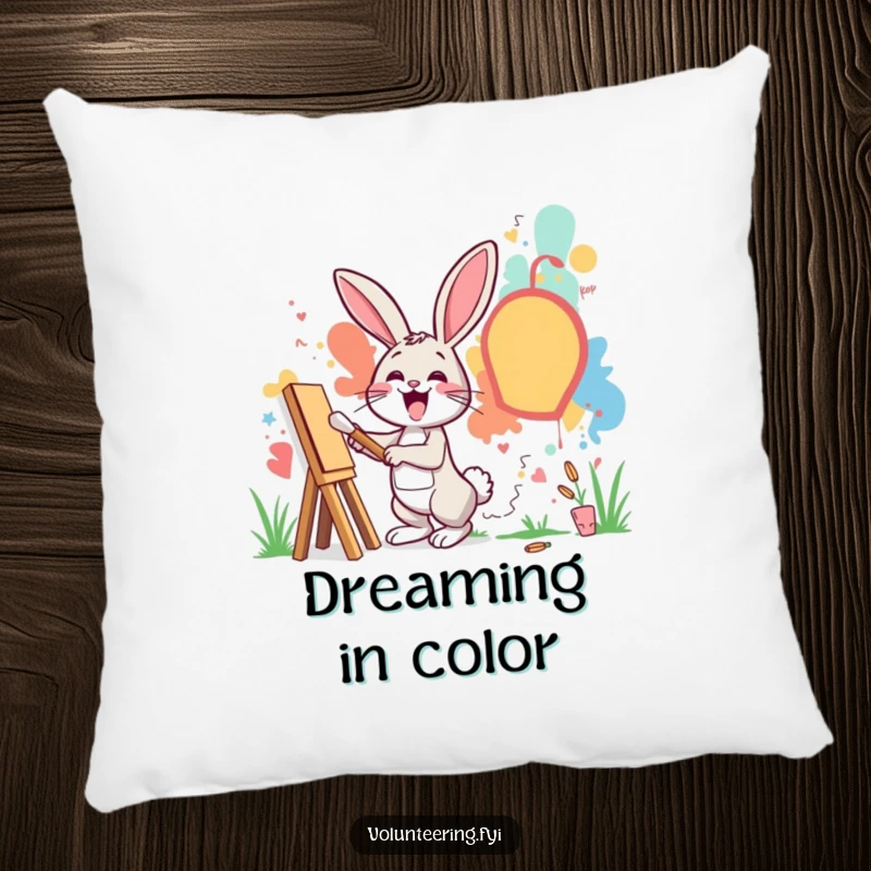 Funny pillow showcasing an excited rabbit painting a mural on a community wall, bringing comfort and artistic vibes.