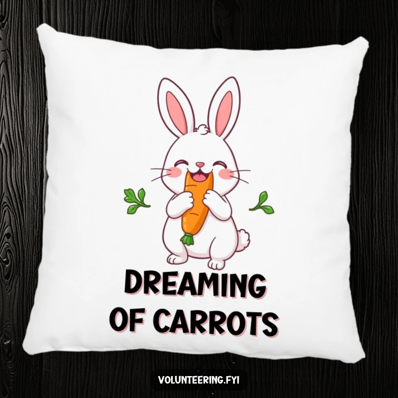 Funny, soft pillow with a joyful rabbit cutting a large carrot in half to share, perfect for adding cute humor.