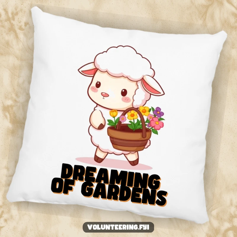 Funny pillow design featuring a fluffy sheep carrying a basket of vibrant flowers, bringing garden whimsy indoors.