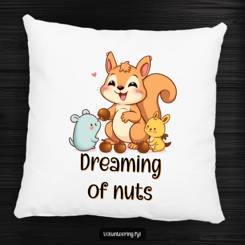 Funny squirrel pillow with a plush design of a delighted squirrel gifting acorns, perfect for adding cozy humor.