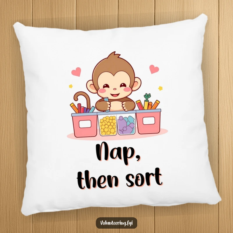 Funny kawaii monkey pillow, depicting a cute monkey sorting colorful items into designated bins, adding comfort and a touch of organization.