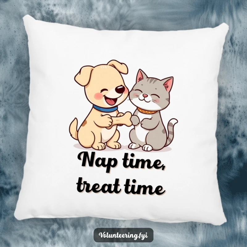 Funny pillow with a happy dog giving a bone to a thankful cat, showcasing a heartwarming and humorous pet relationship. Ideal funny gift.