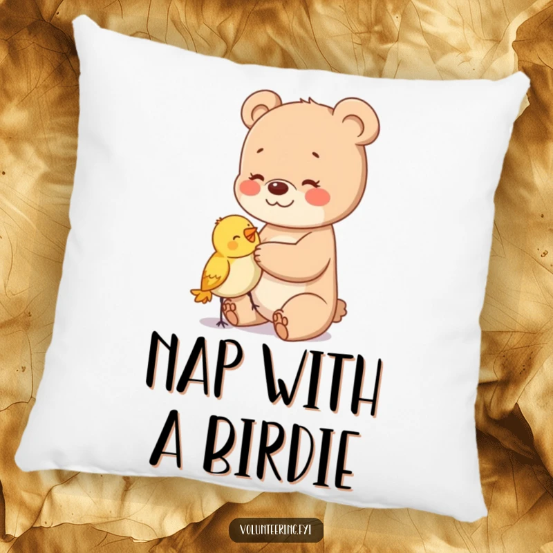 Funny pillow featuring a happy bear cub gently patting a small bird, showcasing sweet animal friendship.