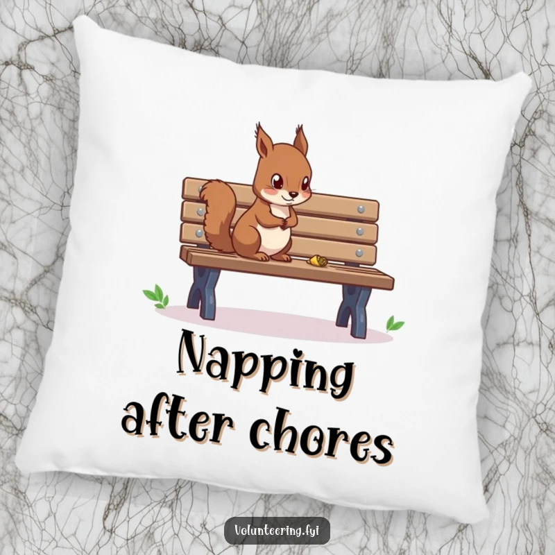 Funny pillow showing a focused squirrel cleaning a park bench, designed for comfort and a touch of nature's charm.