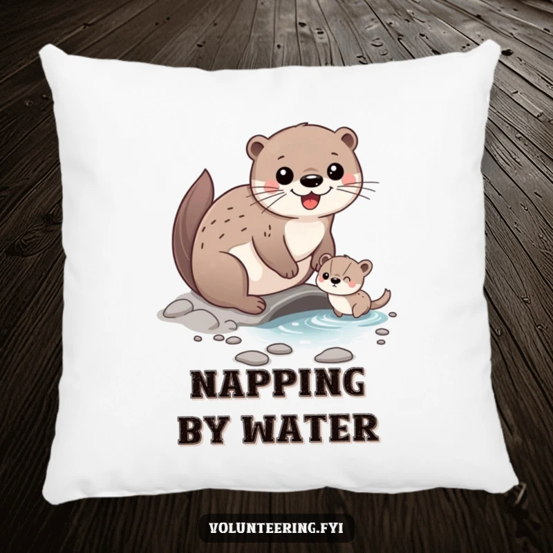 Funny Pillow featuring a happy otter character helping a smaller animal cross a stream, offering comfort and a touch of aquatic friendship.