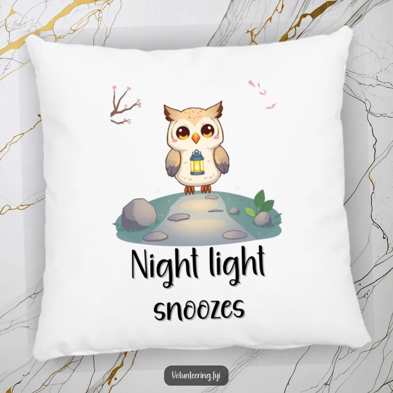 Funny Owl Lantern Pillow featuring a proud, smiling owl character holding a small, glowing lantern, perfect for cozying up with.