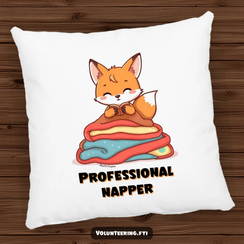 Funny Pillow featuring a playful fox character organizing a pile of colorful blankets, offering comfort and a touch of cozy charm.