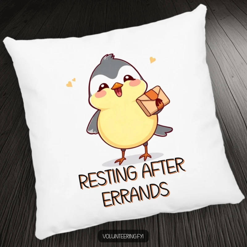 Funny pillow with a joyful chickadee carrying a small parcel, offering comfort and a cheerful, humorous decorative accent.