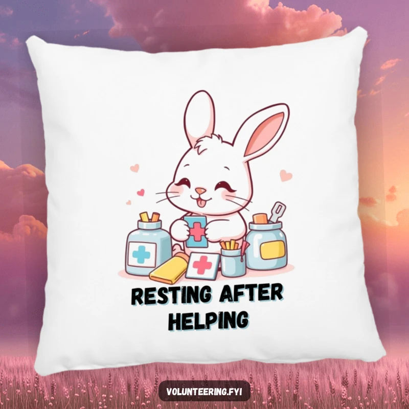 Funny bunny meticulously sorting aid supplies on a soft pillow, bringing organized and humorous comfort.