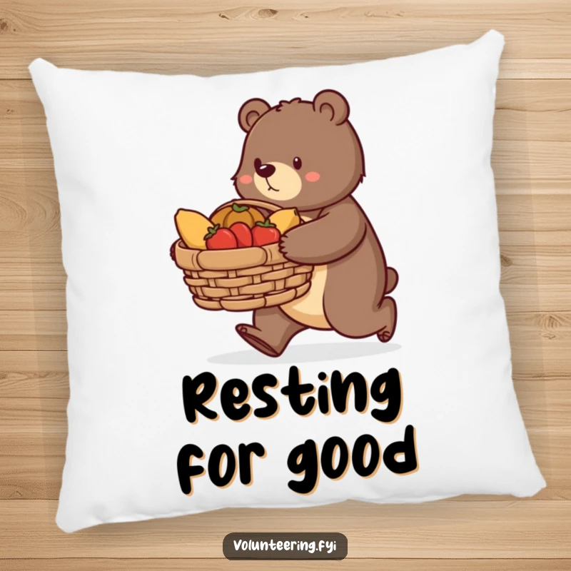 Funny bear pillow, a determined bear carrying a large basket of donated food, offering comfort and inspiring acts of kindness.