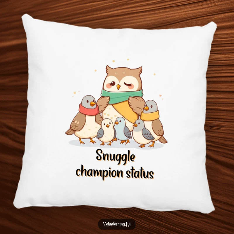 Funny owl pillow showing a cute owl sharing blankets with pigeons, offering softness and a heartwarming funny gift.