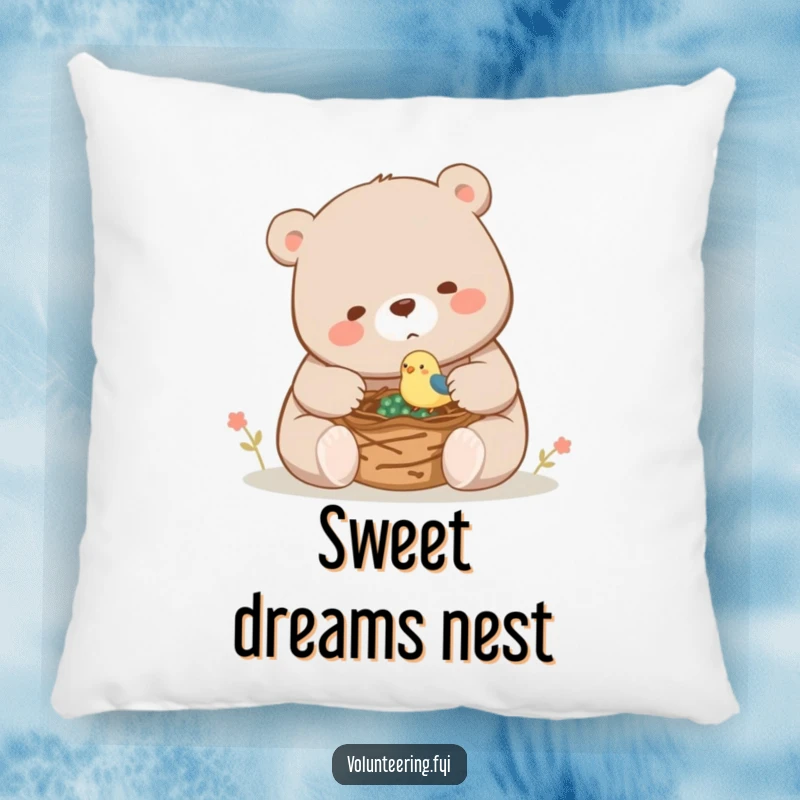 Funny, plush pillow depicting a large bear helping a tiny bird construct a cozy nest, perfect for gentle humor.