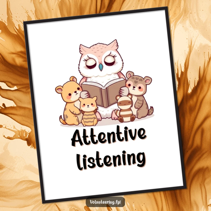 Funny digital art print of a kawaii owl serenely reading a book to attentive animal friends, embodying peaceful wisdom.