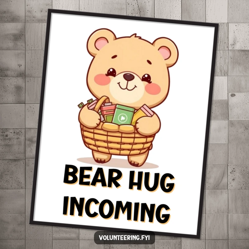 Funny digital art print of a grinning bear carrying a basket of donated items, instant charity-themed decor.