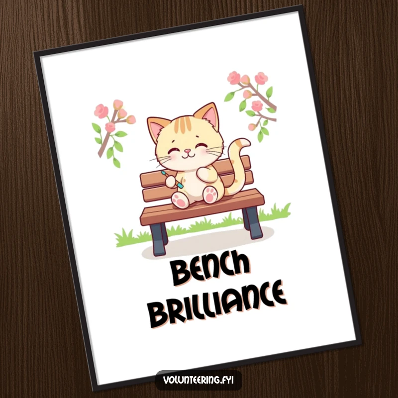 Funny digital art print of a playful Kawaii cat painting colorful stripes on a park bench, instant download, whimsical art decor.