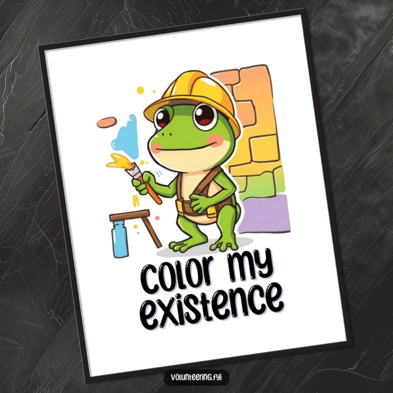 Funny digital art of a diligent green frog in a hard hat painting a colorful mural, a visually inspiring and humorous addition.