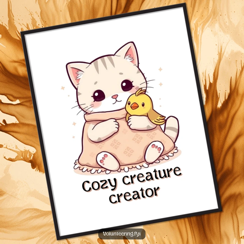 Funny Kawaii Cat Knitting Digital Art: High-resolution art depicting a cat knitting a blanket for a bird, perfect for cozy and humorous decor.