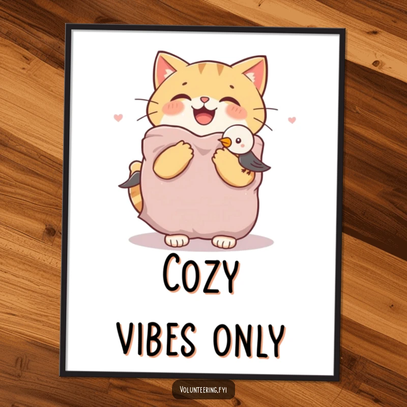 Funny cat and bird digital art print featuring a joyful cat offering a warm blanket to a shivering bird, instant download art.