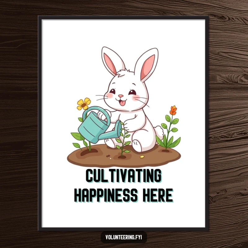 Funny digital art print of a smiling bunny planting a seedling with a watering can, perfect for instant humorous garden decor. Great funny gift.