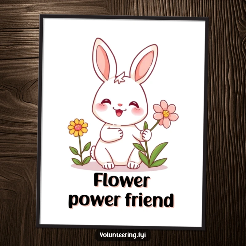 Funny digital art print of a friendly rabbit smiling and offering a flower, offering heartwarming and humorous wall decor.