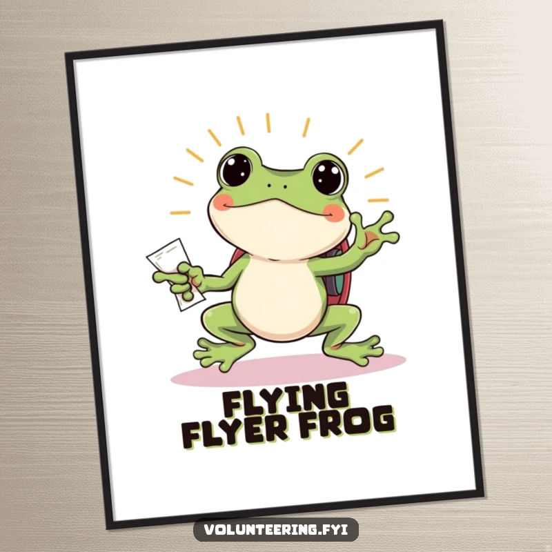 Funny frog digital art print, a jumping frog with a backpack beaming while handing out flyers, a humorous and dynamic illustration.
