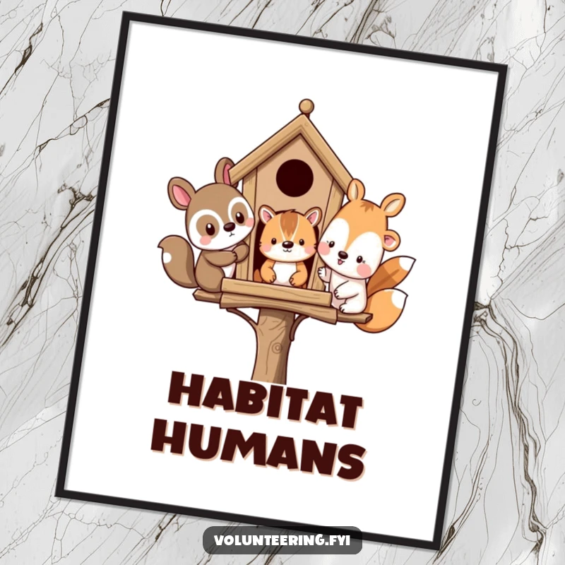 Funny digital art print of diverse animal friends building a birdhouse, instantly downloadable for humorous home decor.