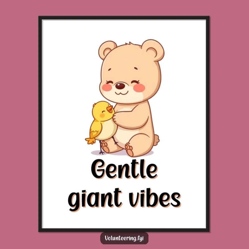 Funny Bear Cub Art Print: Gentle Giant Befriending Bird