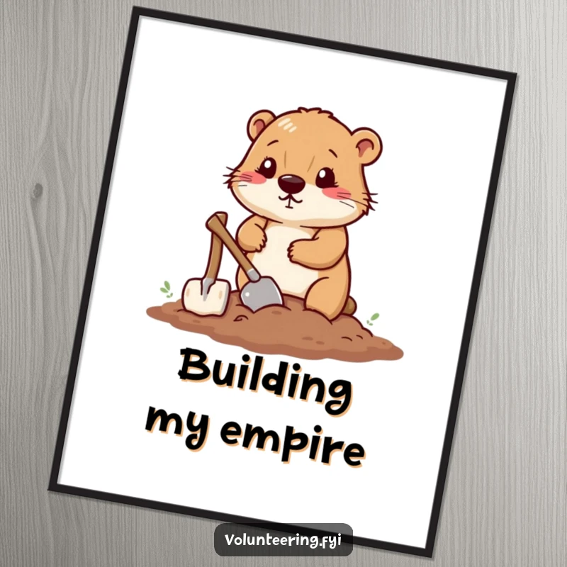 Funny digital art of a determined beaver smoothing soil with a small shovel, symbolizing hard work and dedication.