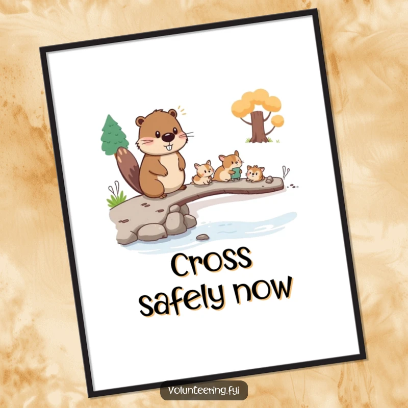 Funny beaver digital art print, a hardworking beaver helping small animals cross a bridge, a humorous and inspiring illustration.