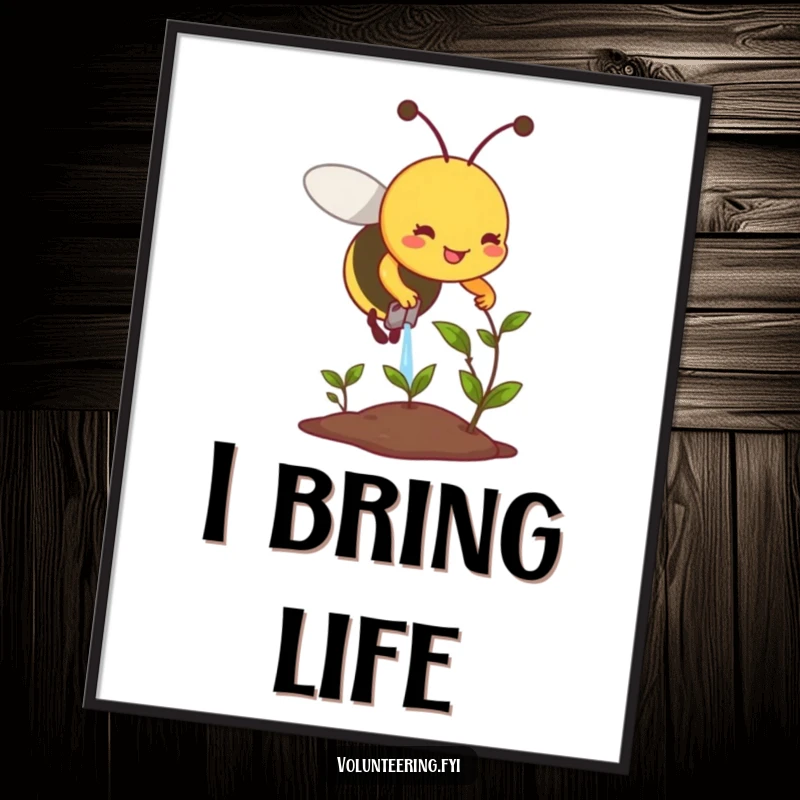 Funny digital art of a smiling bee diligently watering a small, wilting plant, a symbol of hope and care.