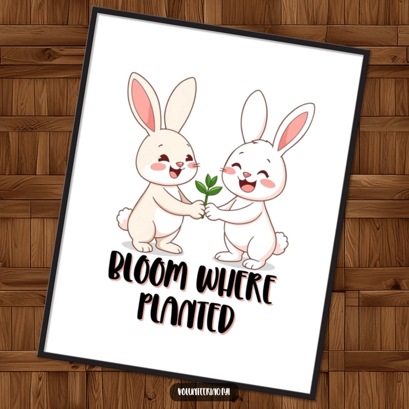 Funny digital art print of a happy bunny giving a seedling to a friend, symbolizing growth and happiness.